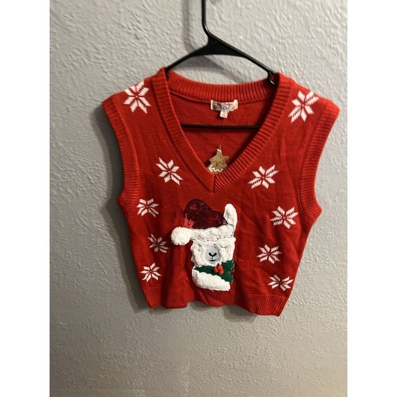 Merry Christmas by Poof Green Sweater Vest Pullover Llama Size Medium - Picture 3 of 8